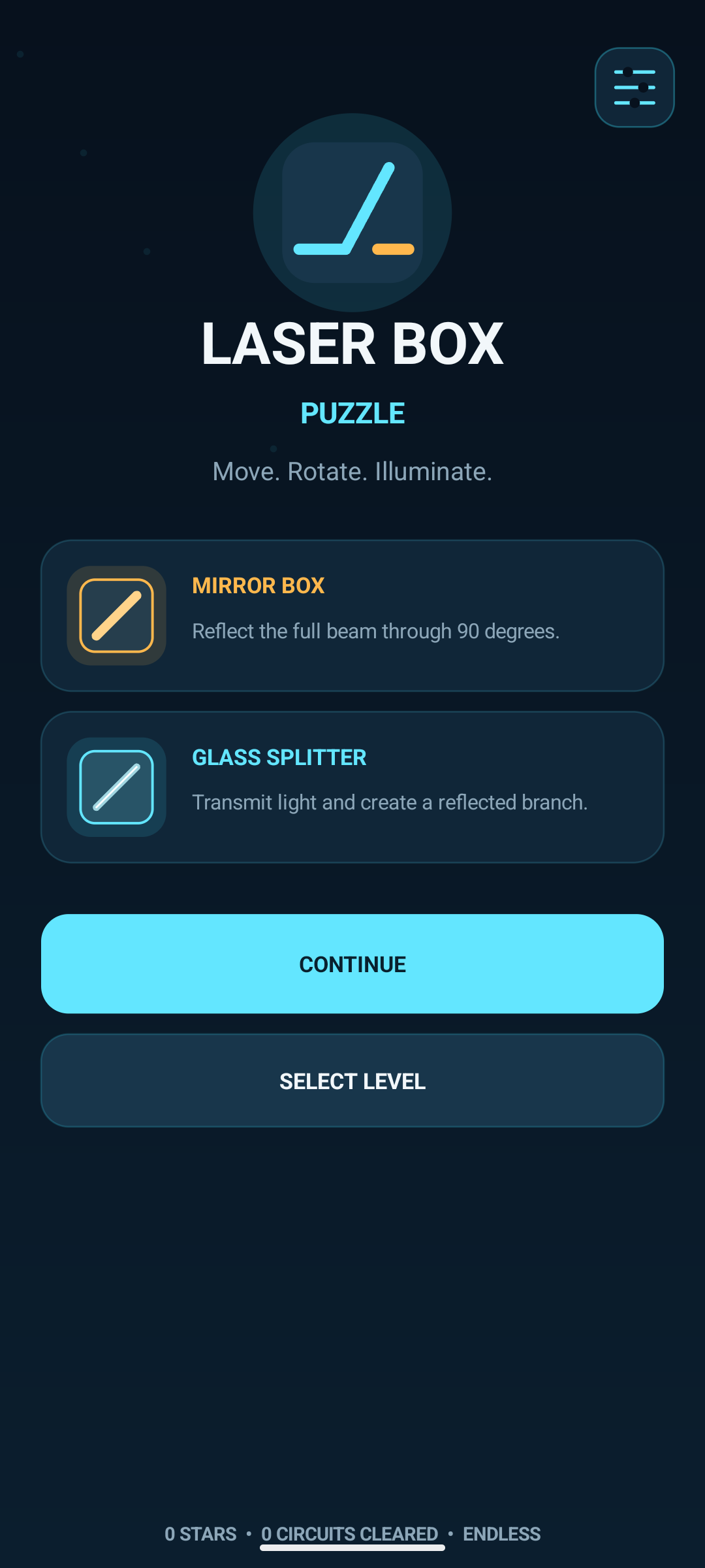 Laser Box Puzzle home screen