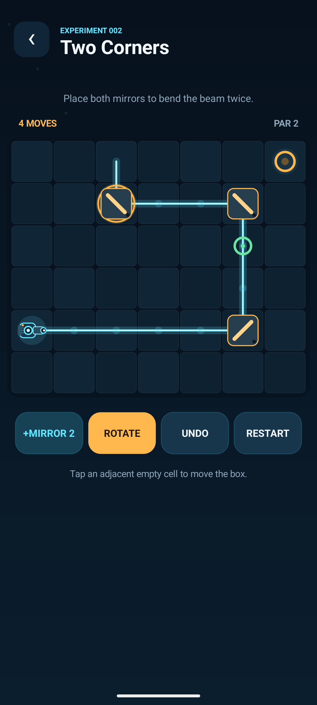 Laser Box Puzzle level with two mirror corners