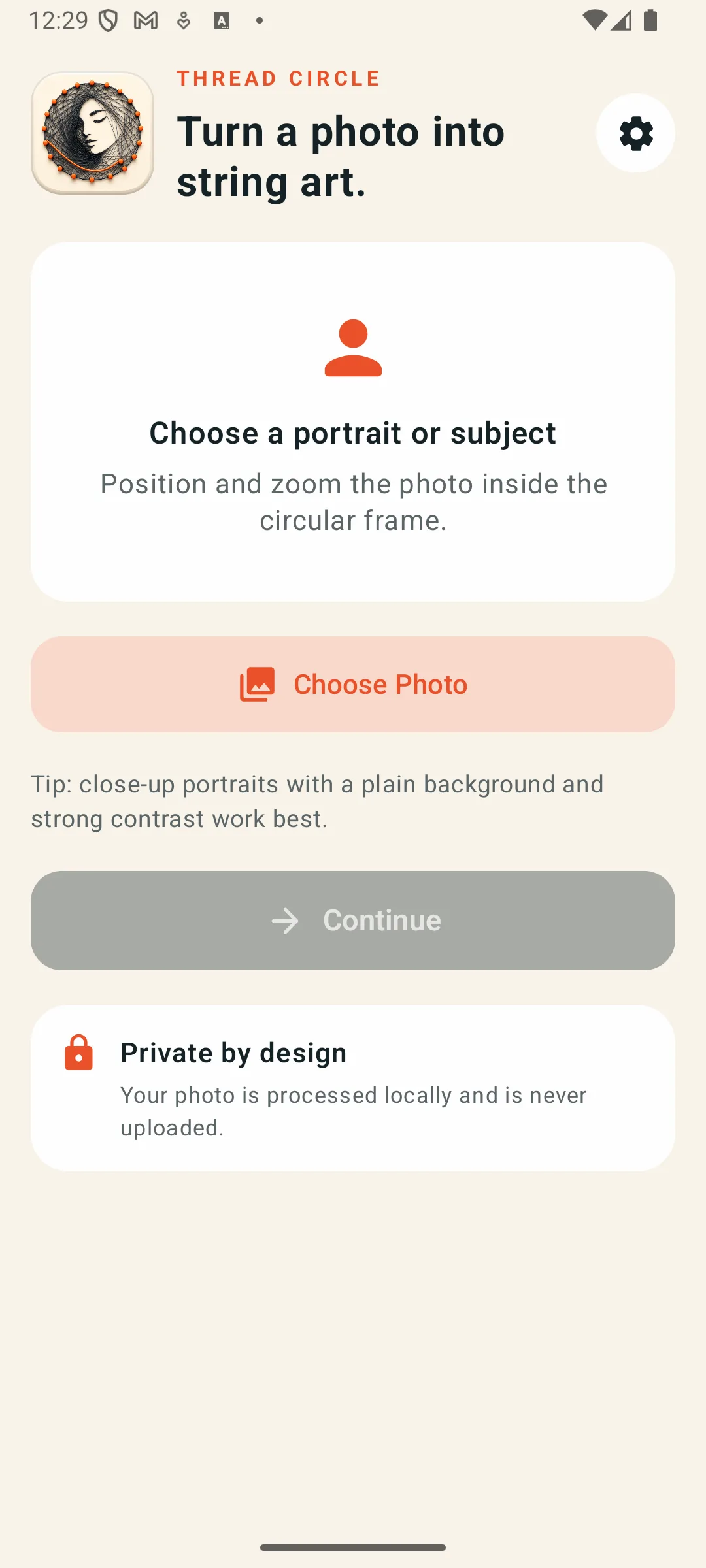 Android home screen for choosing a photo and starting a Thread Circle project