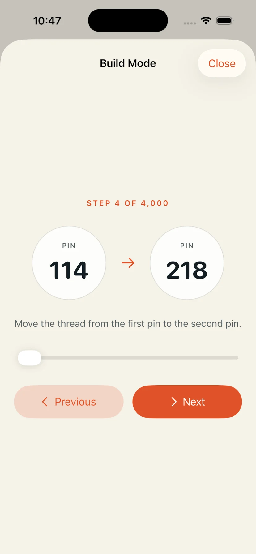 Step-by-step string art build mode showing two numbered pins