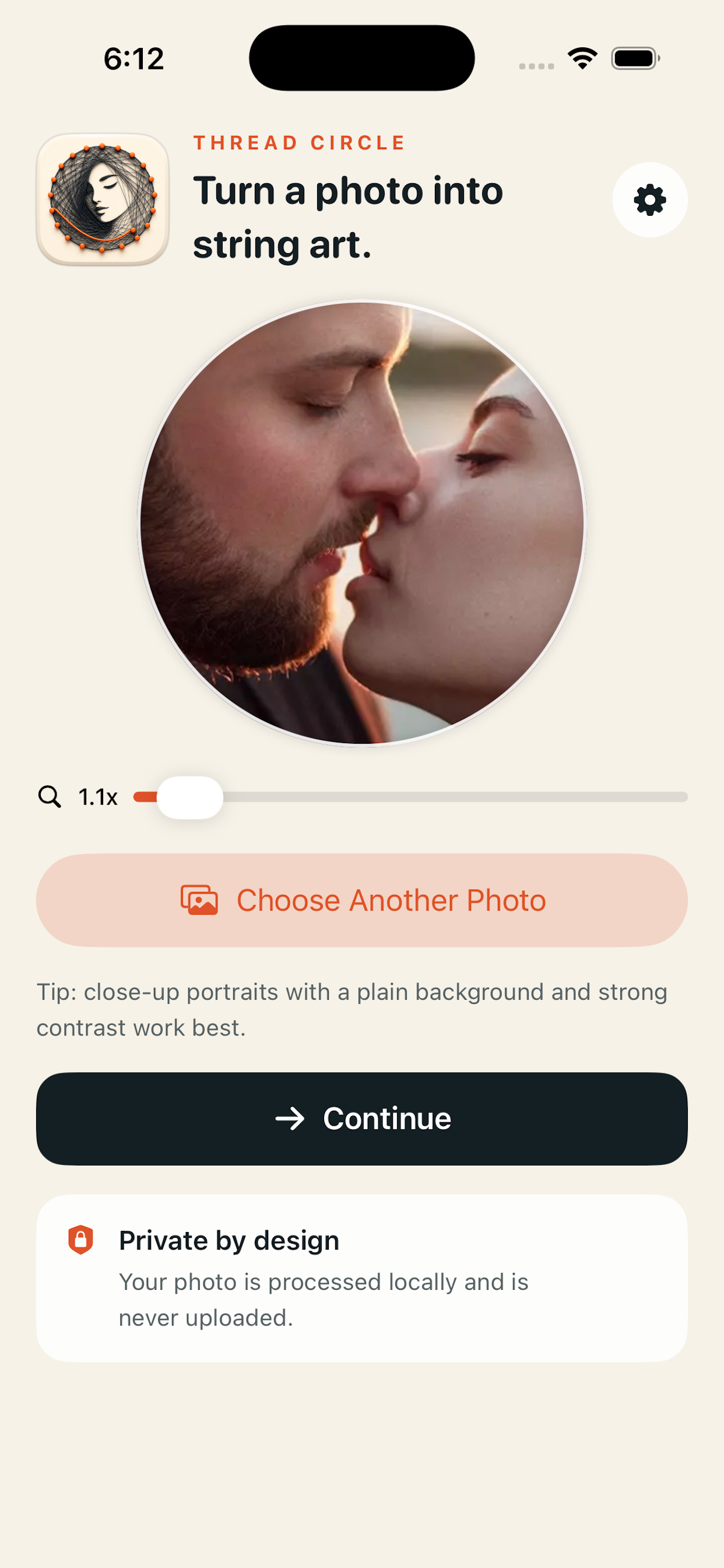 Circular photo crop and zoom screen