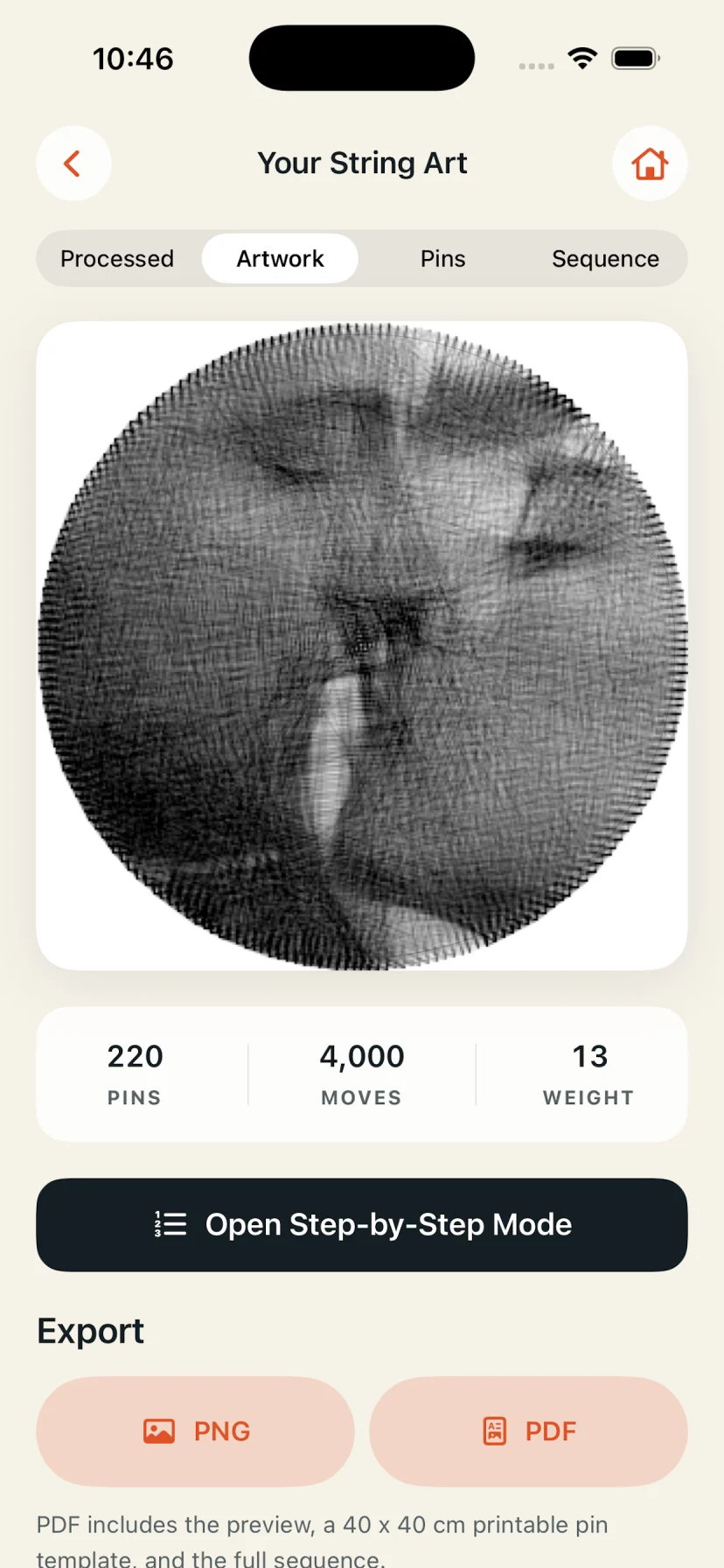 Thread Circle generated string artwork and export screen